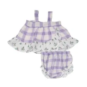 Baby Girl 2 Piece Set | Wrap Ruffle Top & Diaper Cover- Lavender Rose & Gingham| Angel Dear