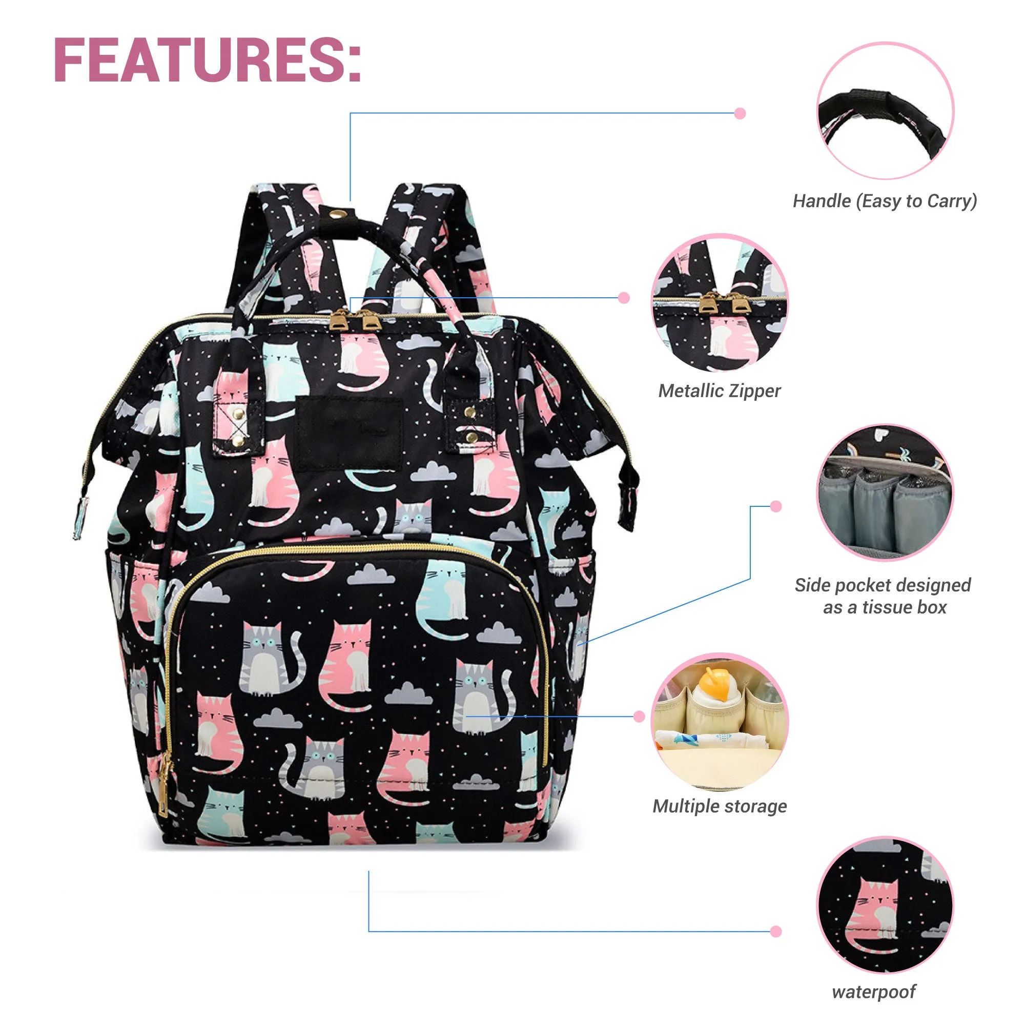 Babymoon Mother Diaper Bag Lightweight Multifunctional Travel Unisex Diaper Backpack | Black Cat