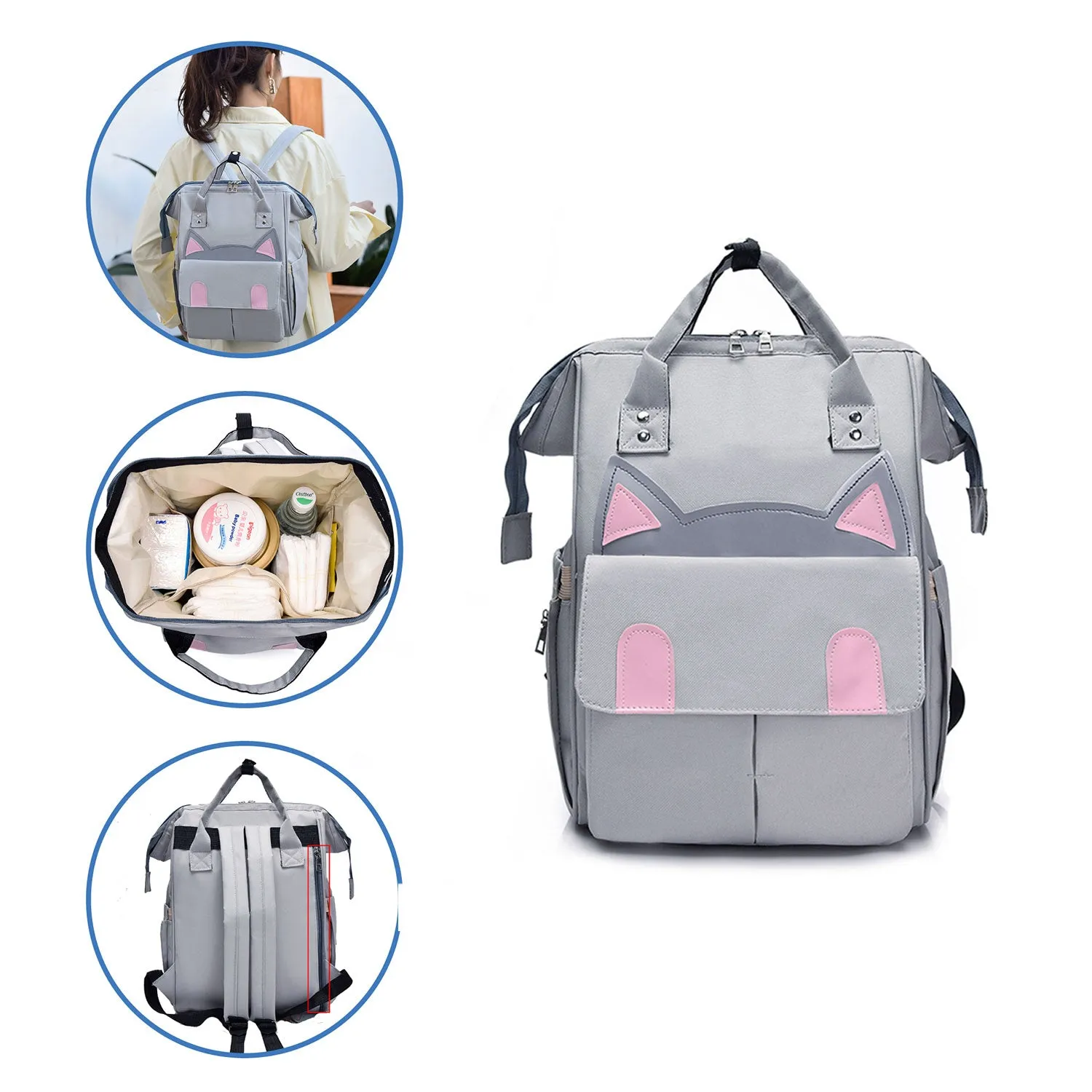 Babymoon Mother Diaper Bag Lightweight Multifunctional Travel Unisex Diaper Backpack | Grey Kitty