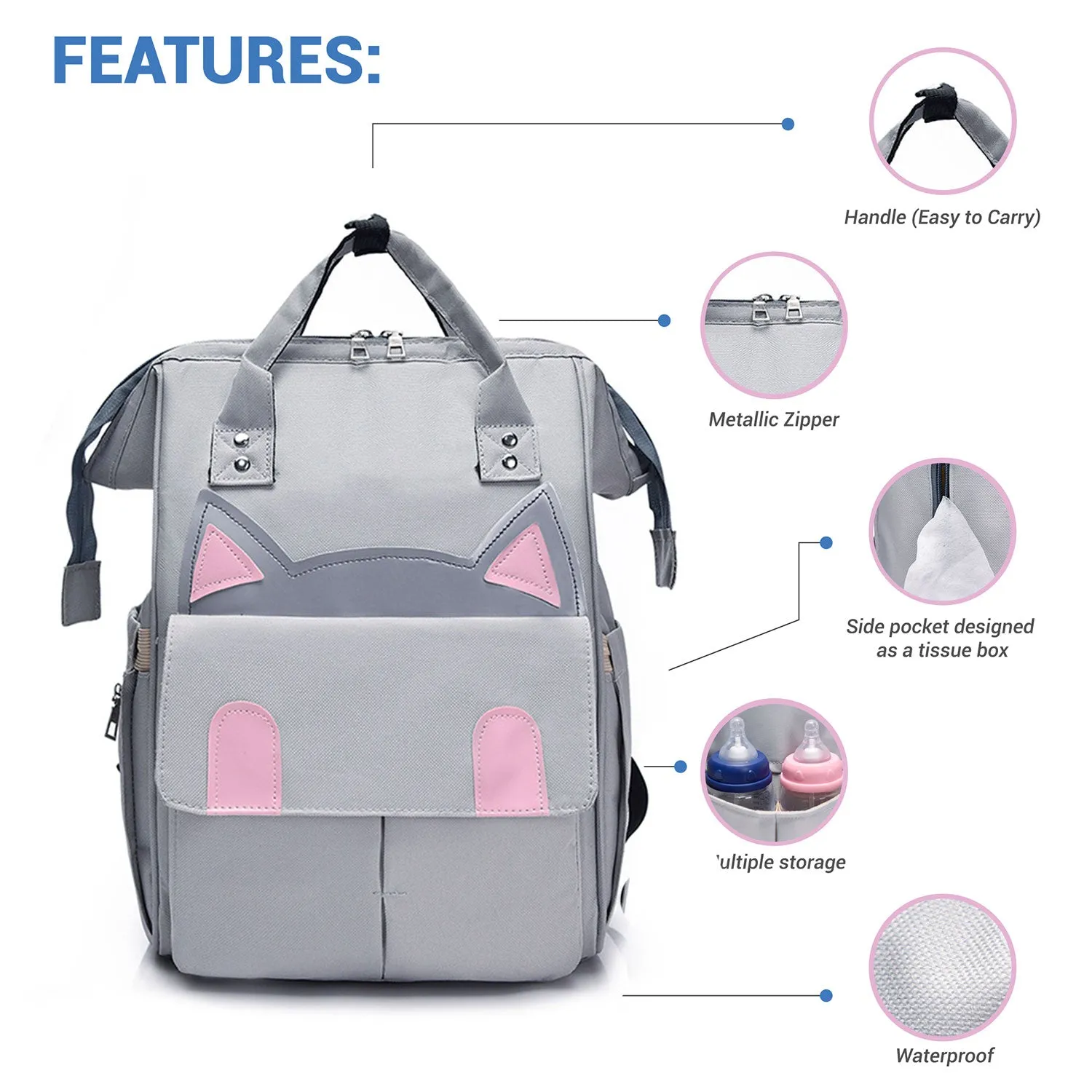 Babymoon Mother Diaper Bag Lightweight Multifunctional Travel Unisex Diaper Backpack | Grey Kitty