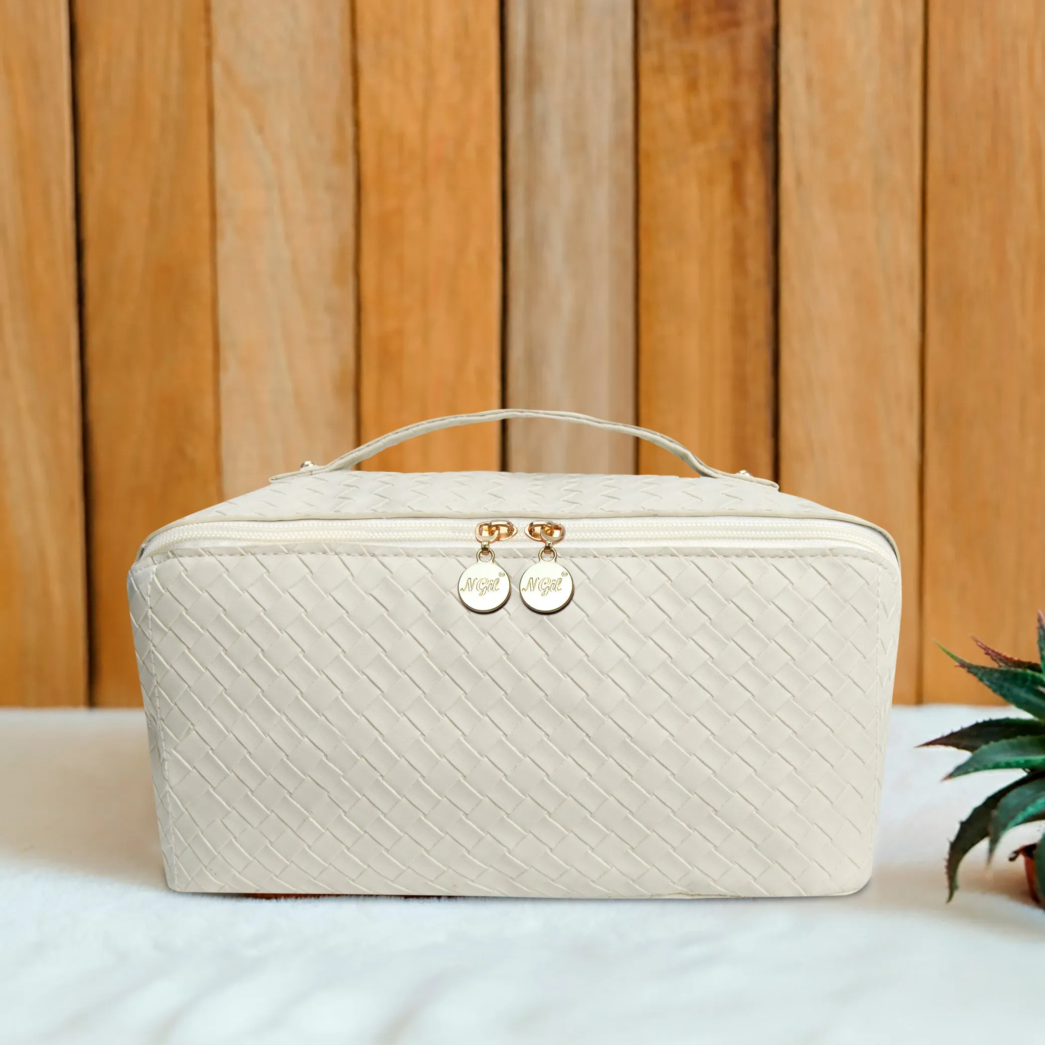 Basket Weave Cream NGIL Large Faux Leather Expandable Travel Toiletry