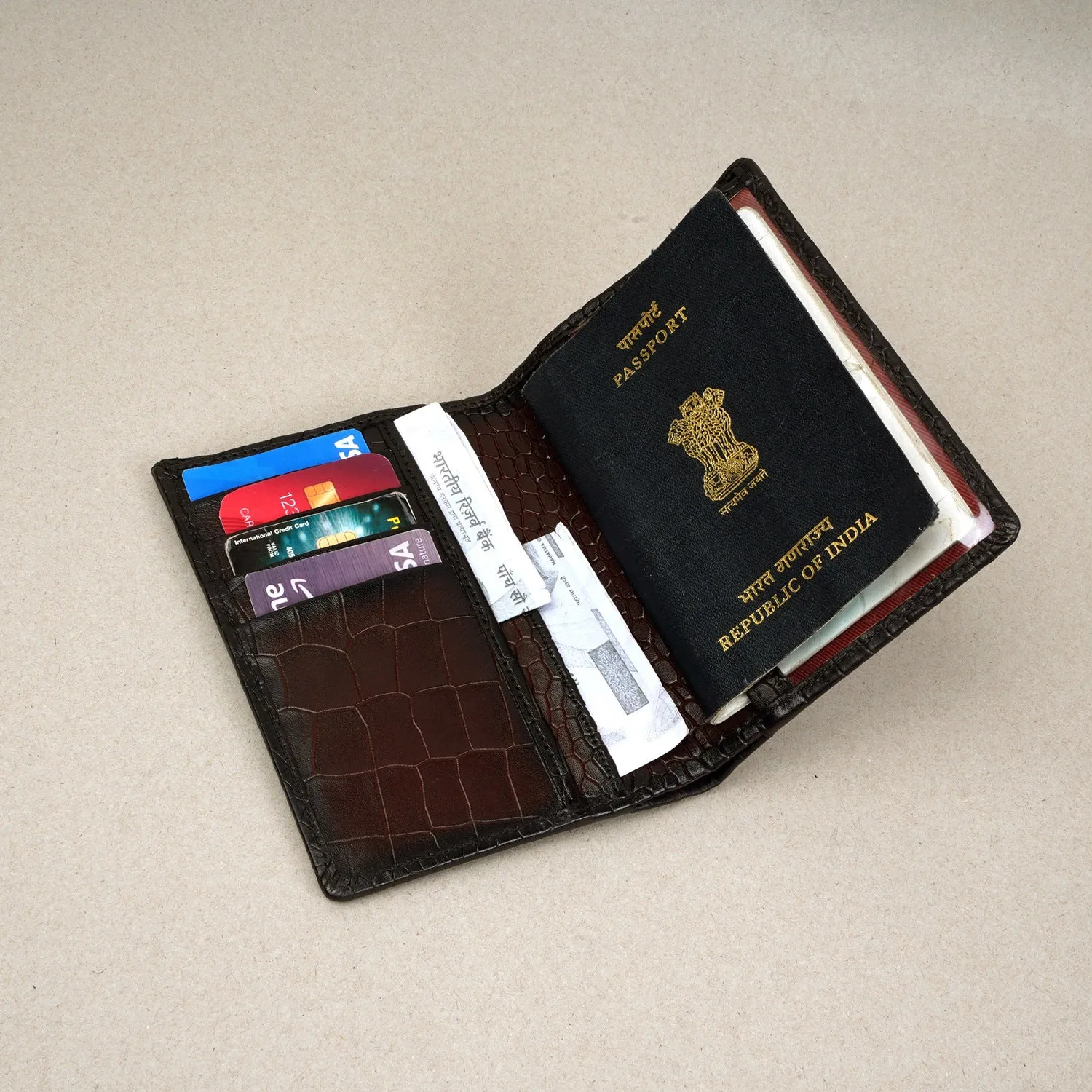 Bi-Fold Dark Brown Passport Holder in Deep Cut Leather