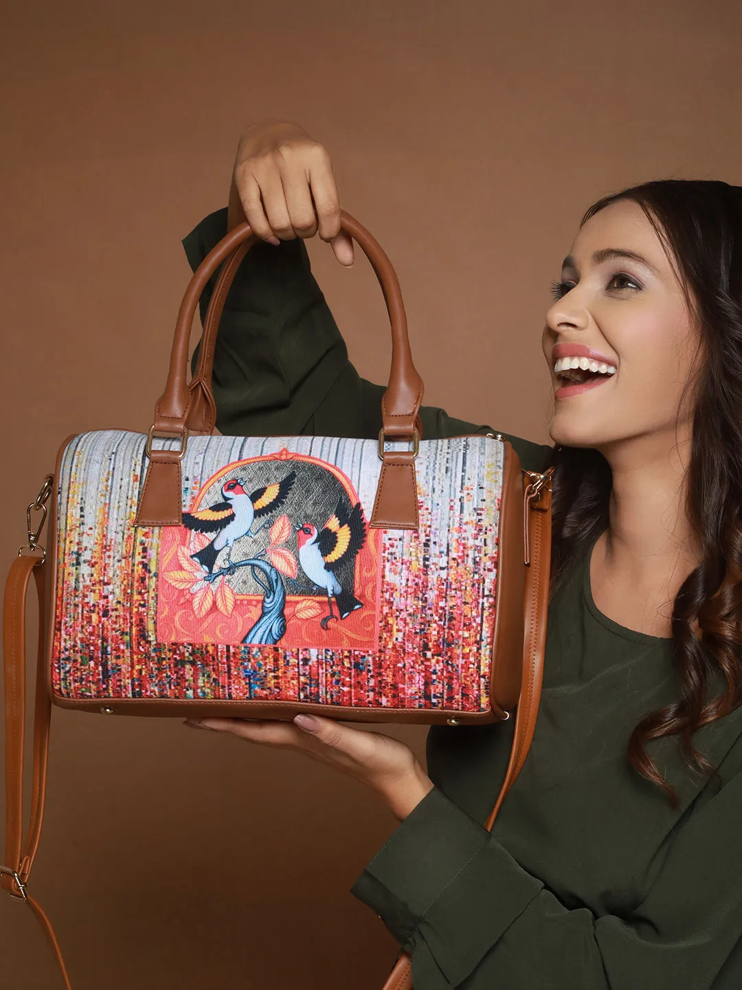 Bird Motif-Printed Fabric Embroidered Handheld Bags