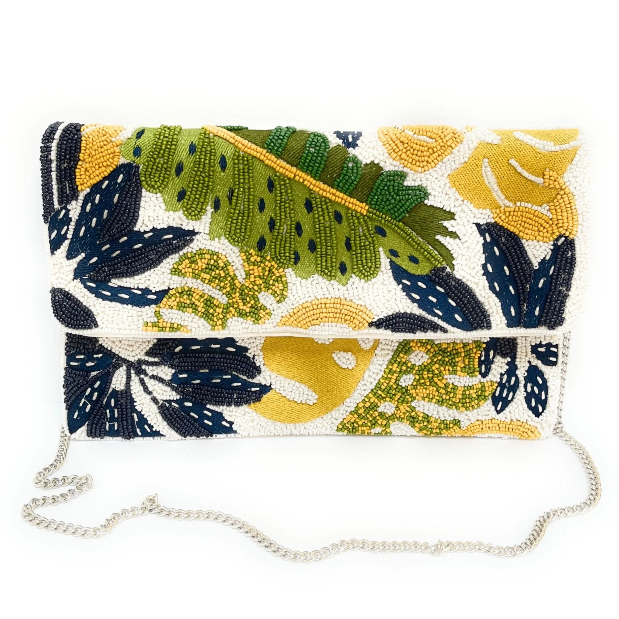 Blue and Green Palm Leaves Beaded Clutch Purse