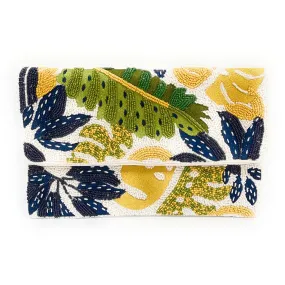 Blue and Green Palm Leaves Beaded Clutch Purse