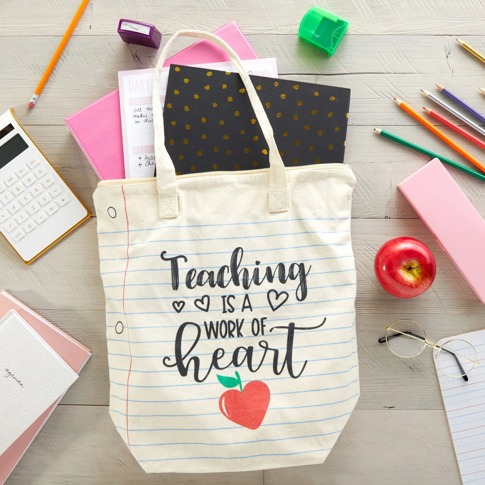 Canvas Tote Bag for Teacher Appreciation Gifts, Teaching is a Work of Heart (14.5 x 15 x 6 In)