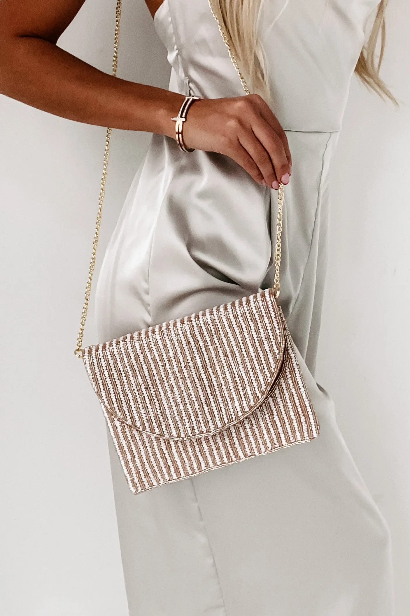 Champagne Nights Striped Beaded Clutch (Blush/White Stripe)