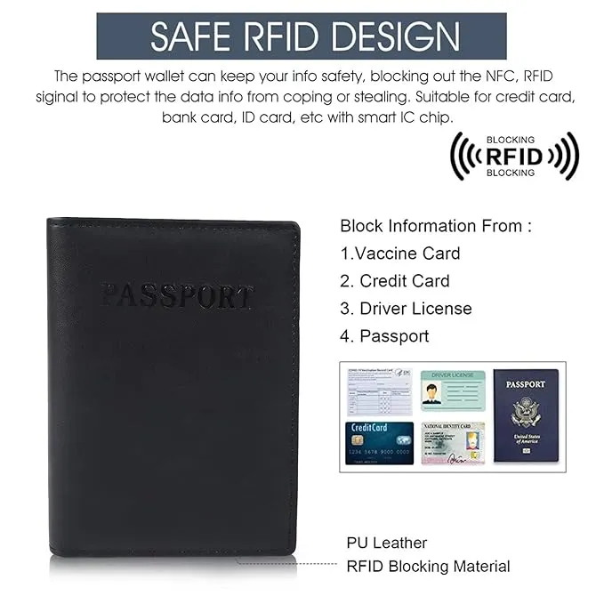 CIMONI® Genuine Leather Passport Holding Cover with Card Holder RFID Protected Passport Wallet Flap Closure Unisex Pouch - Black