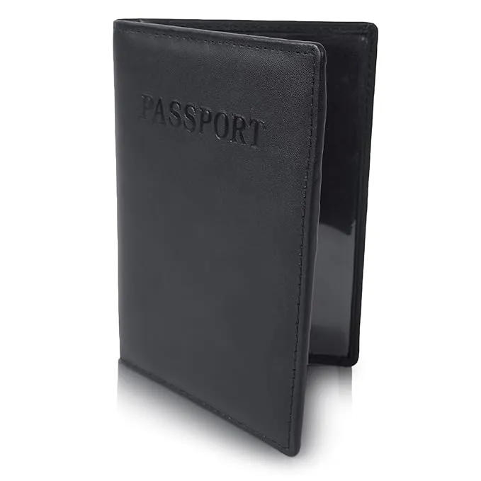 CIMONI® Genuine Leather Passport Holding Cover with Card Holder RFID Protected Passport Wallet Flap Closure Unisex Pouch - Black