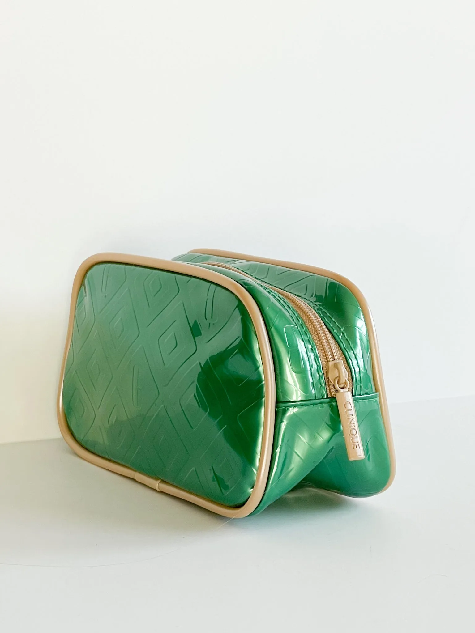 Clinique Metallic Green Lacquer Taupe Piping Toiletry Makeup Bag Clutch