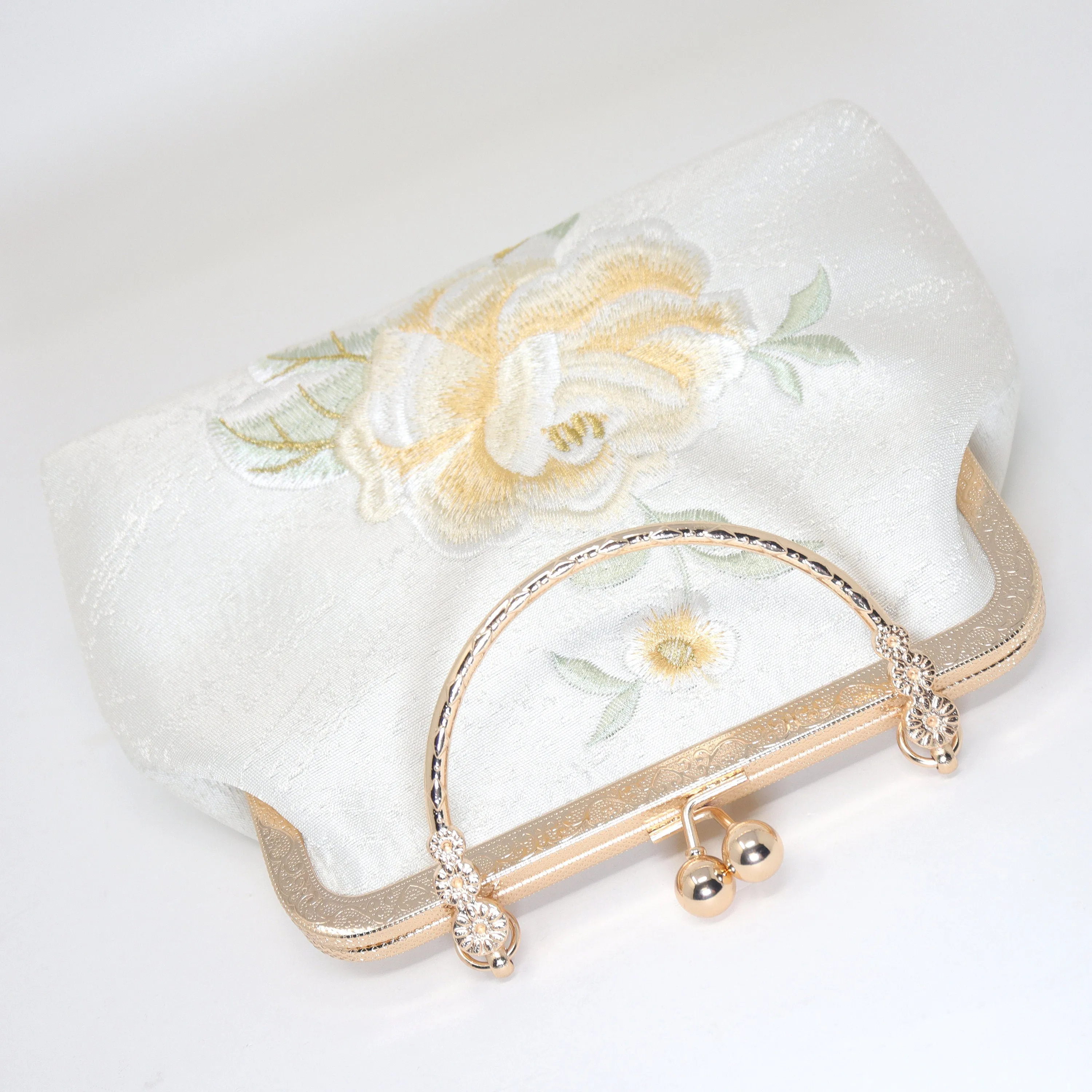 Cream Beige Gold Embroidered Rose Floral Wedding Bag, Statement Bag, Evening Clutch, Wedding Clutch, Bridal Clutch, White Cross Body Bag