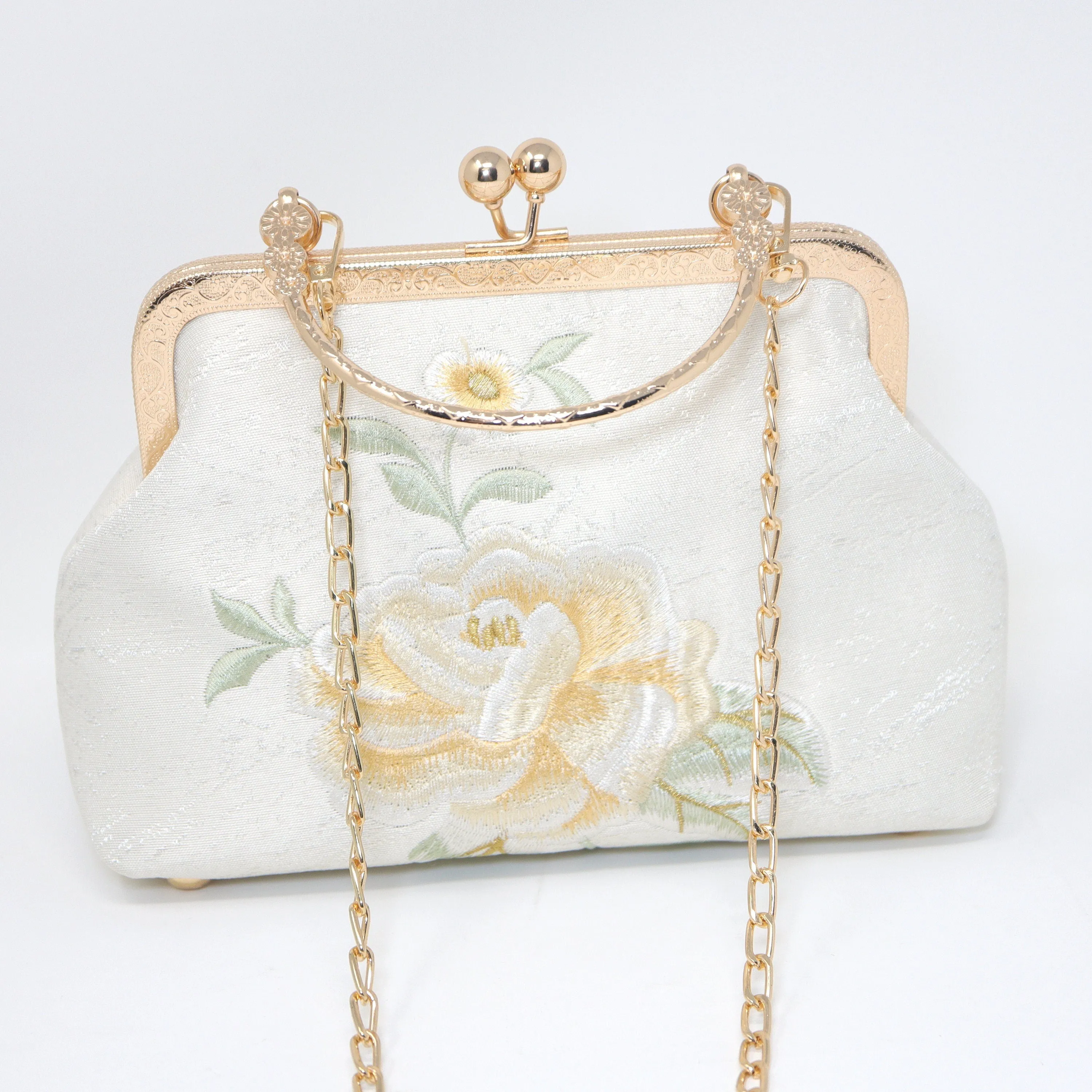 Cream Beige Gold Embroidered Rose Floral Wedding Bag, Statement Bag, Evening Clutch, Wedding Clutch, Bridal Clutch, White Cross Body Bag