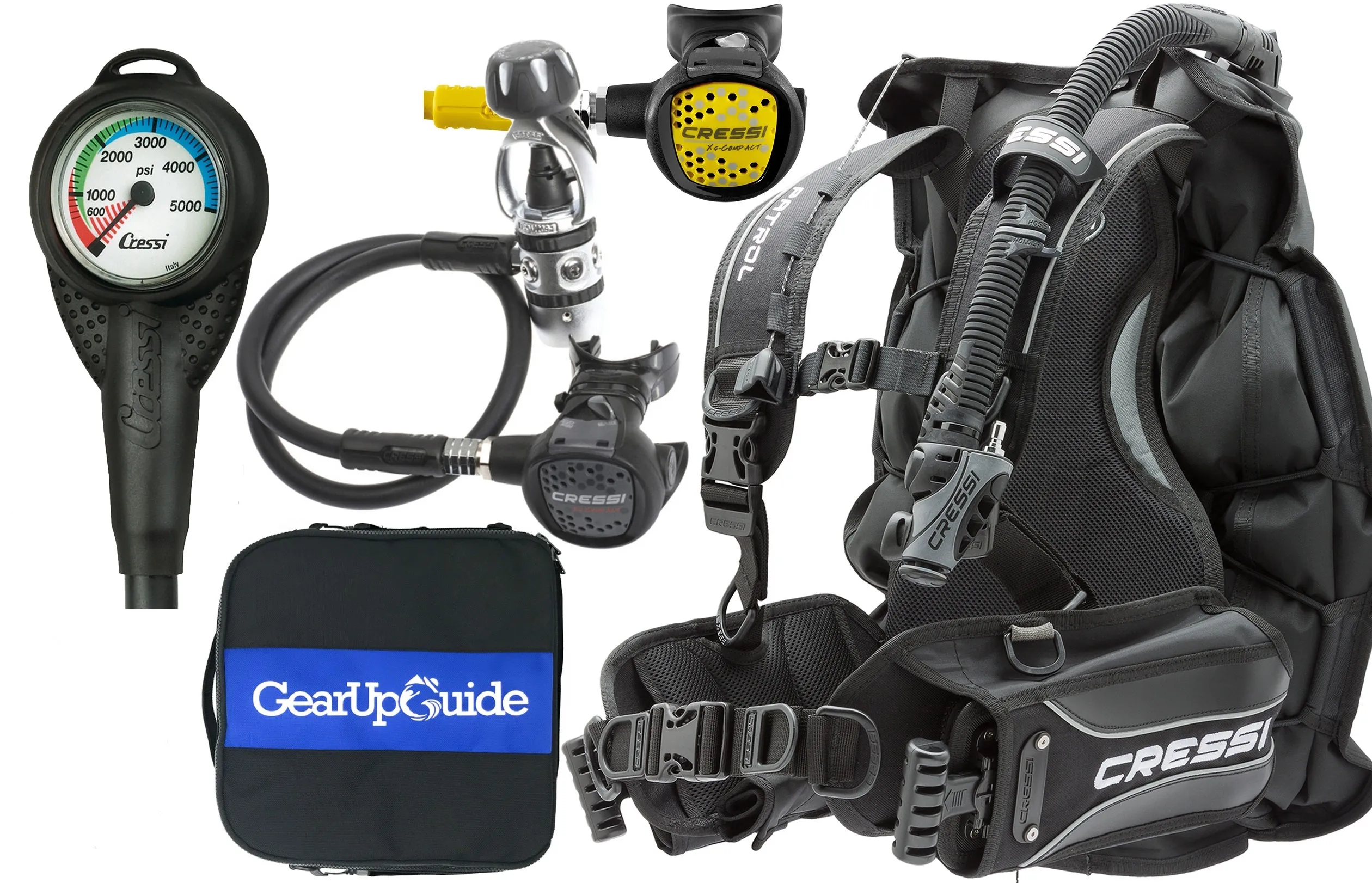 Cressi Patrol BCD Scuba Diving Gear w/ AC2 Compact Regulator, Compact Octo, Mini Console PD2 & GupG Regulator Bag