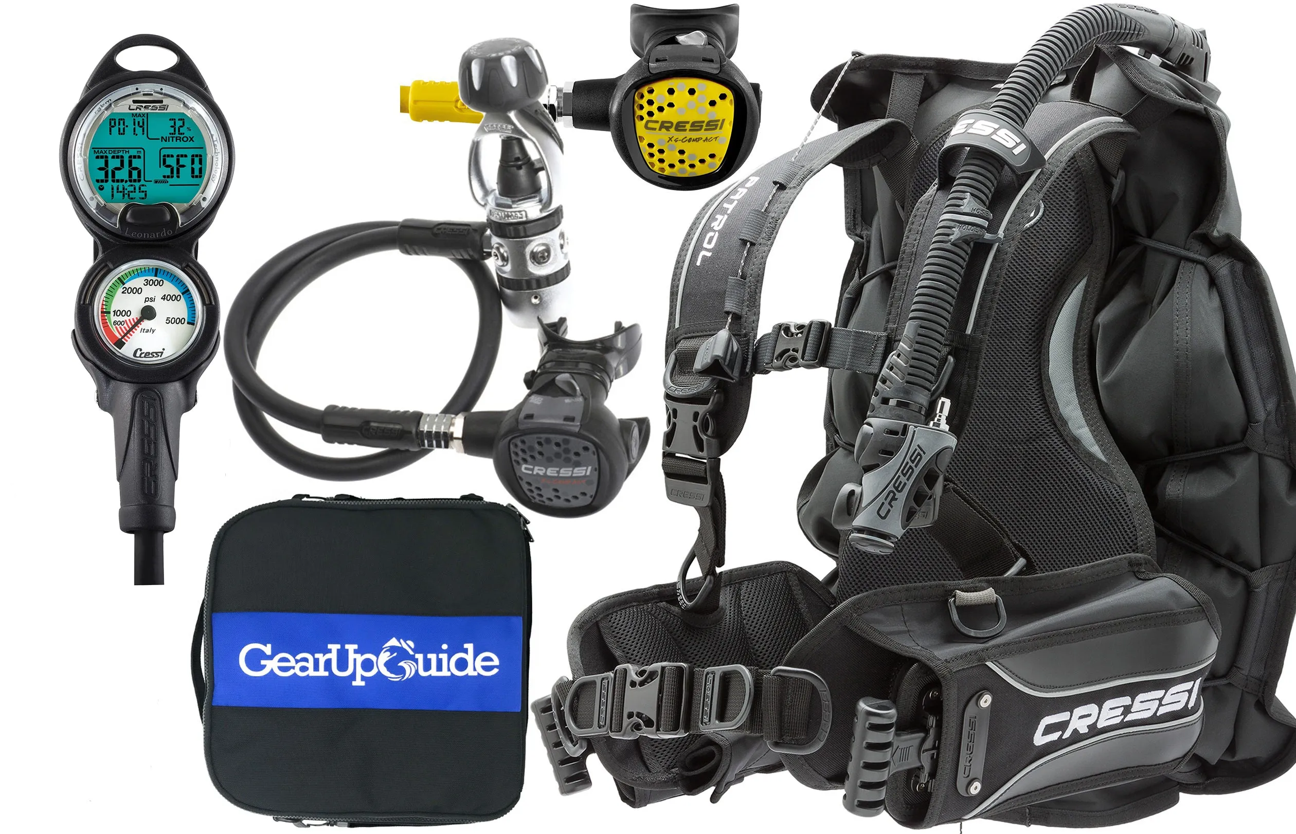 Cressi Patrol BCD Scuba Diving Gear w/ AC2 Compact Regulator, Compact Octo, Mini Console PD2 & GupG Regulator Bag