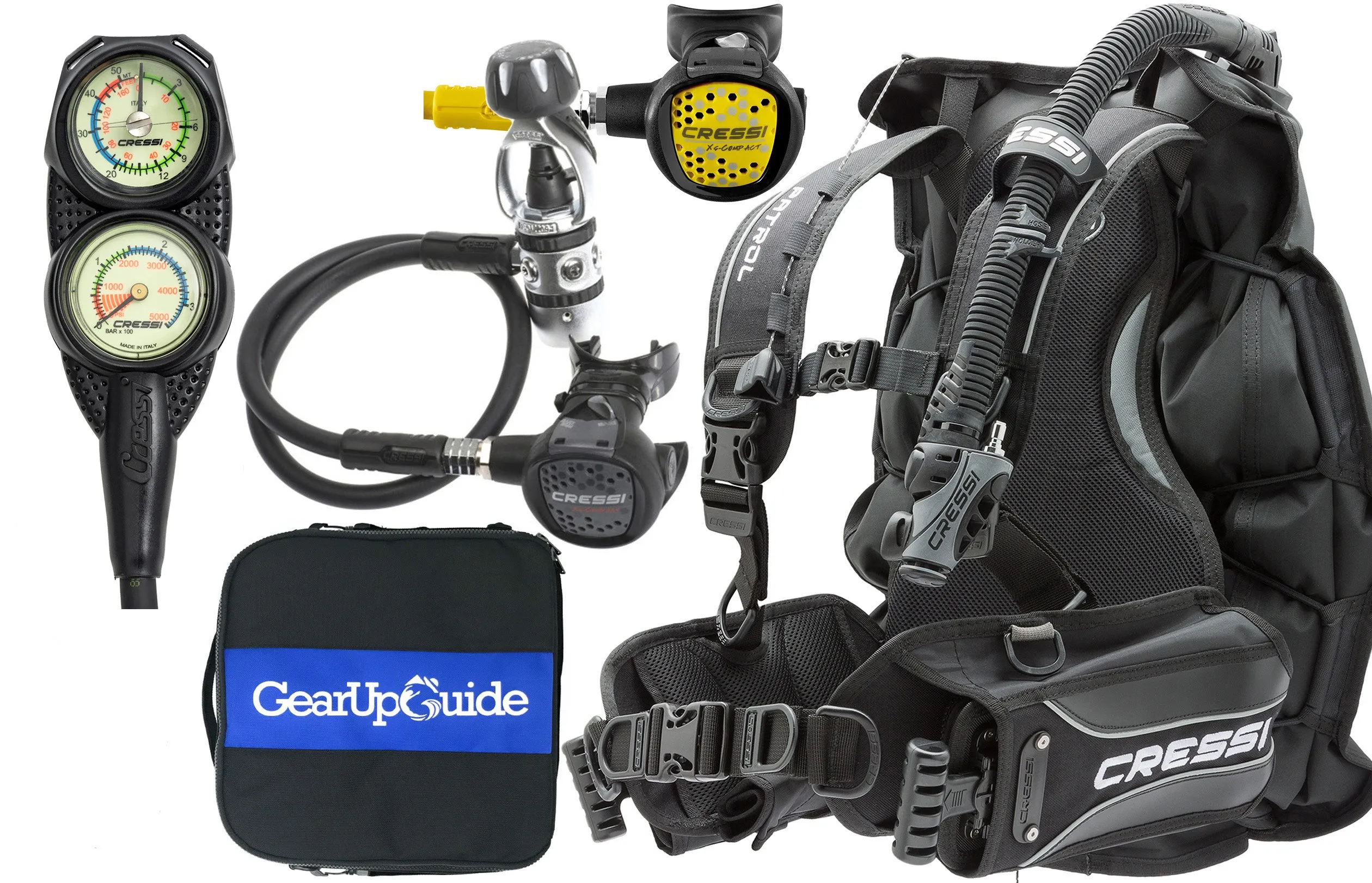 Cressi Patrol BCD Scuba Diving Gear w/ AC2 Compact Regulator, Compact Octo, Mini Console PD2 & GupG Regulator Bag