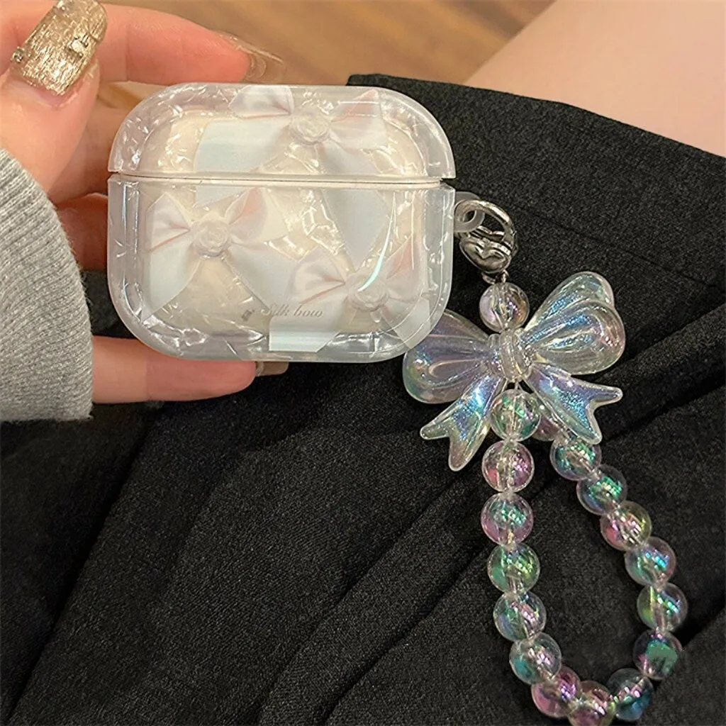 Cute White Bow Tie Print Clear Protective Cover AirPods Case   Beaded Hand Strap for AirPods 1 2 3 Pro 2 Generation Shockproof AirPods Case