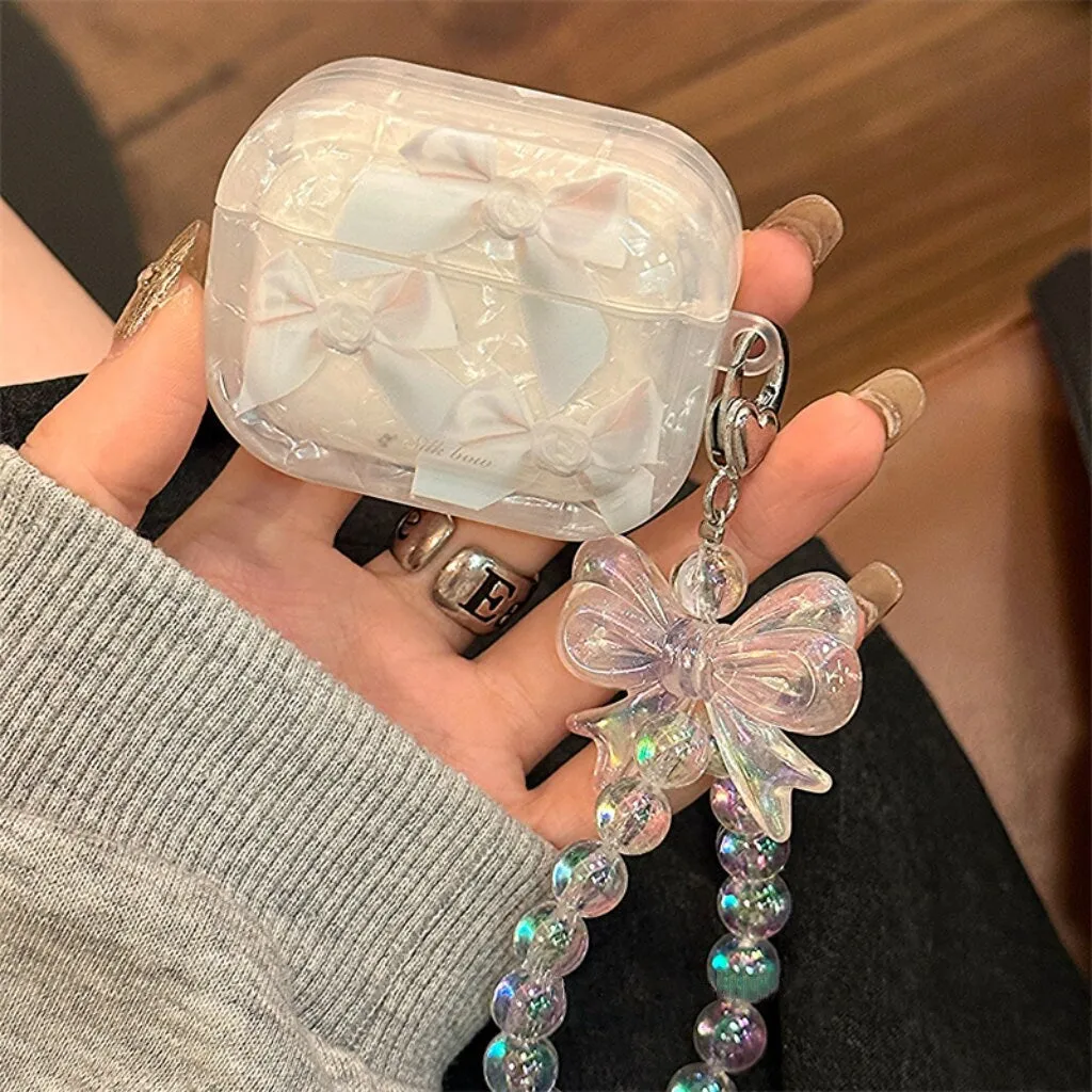 Cute White Bow Tie Print Clear Protective Cover AirPods Case   Beaded Hand Strap for AirPods 1 2 3 Pro 2 Generation Shockproof AirPods Case