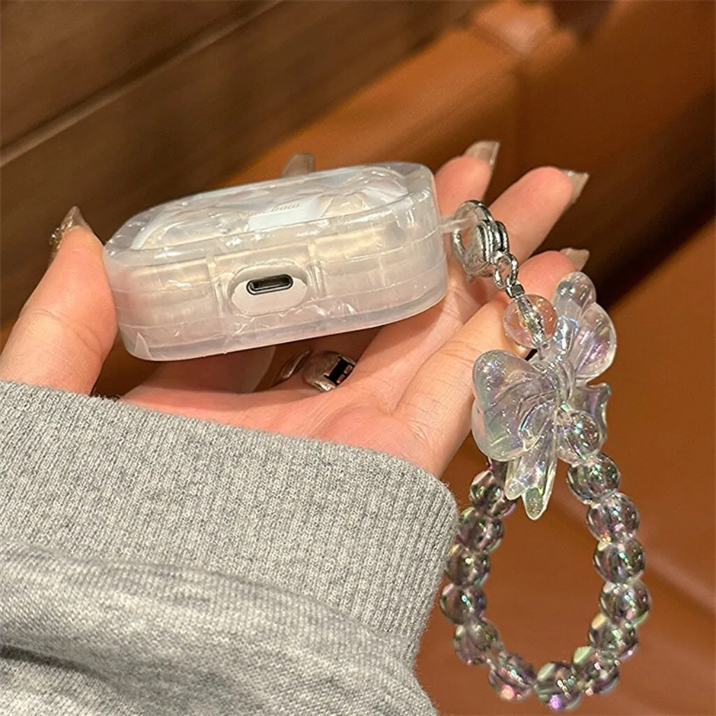 Cute White Bow Tie Print Clear Protective Cover AirPods Case   Beaded Hand Strap for AirPods 1 2 3 Pro 2 Generation Shockproof AirPods Case