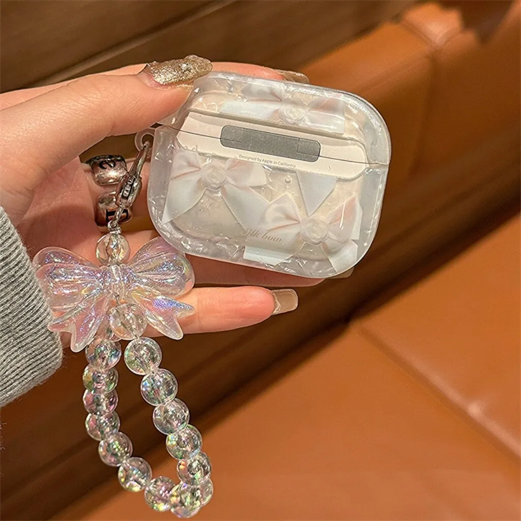 Cute White Bow Tie Print Clear Protective Cover AirPods Case   Beaded Hand Strap for AirPods 1 2 3 Pro 2 Generation Shockproof AirPods Case