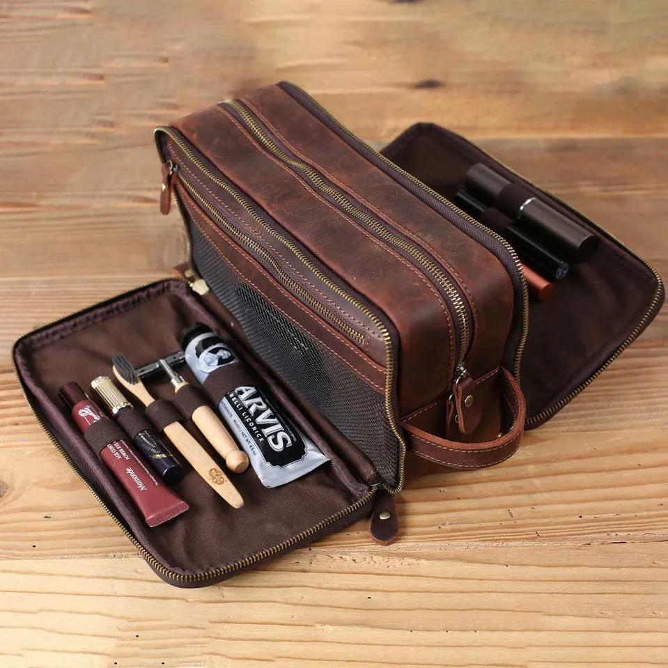 Dazzlo Waterproof Leather Toiletry Bag - Coffee/Brown/Black - Standard/Large