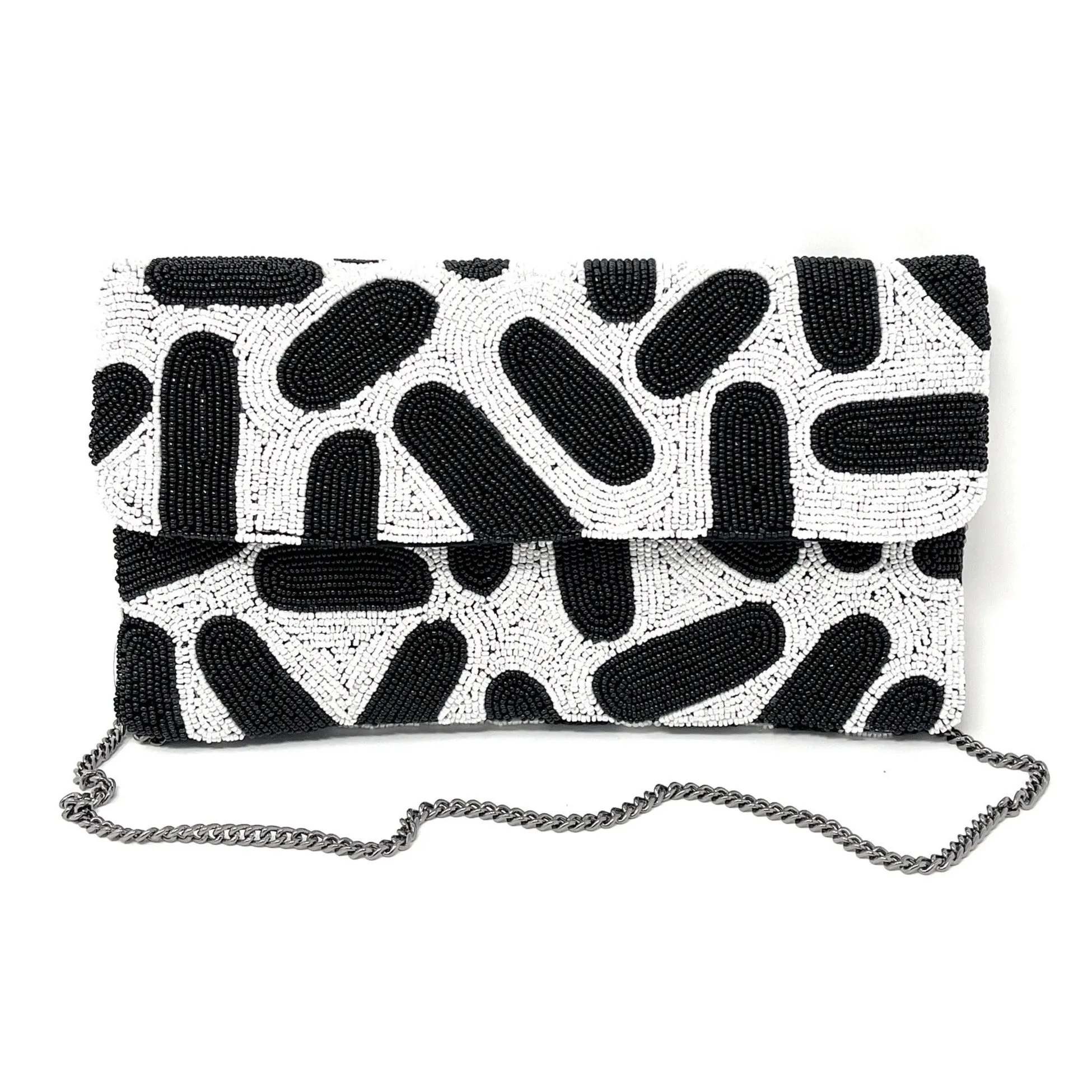 Double Sided White Black Beaded Clutch Purse