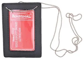 Genuine Leather Neck Chain Double ID Badge Holder, Black