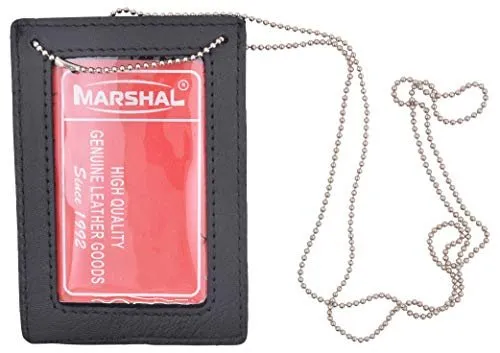 Genuine Leather Neck Chain Double ID Badge Holder, Black