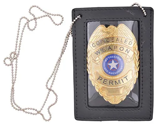 Genuine Leather Neck Chain Double ID Badge Holder, Black