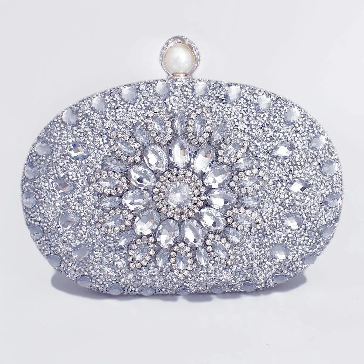 Get Glamorous with Silver Crystal Pearl Clutch for Women