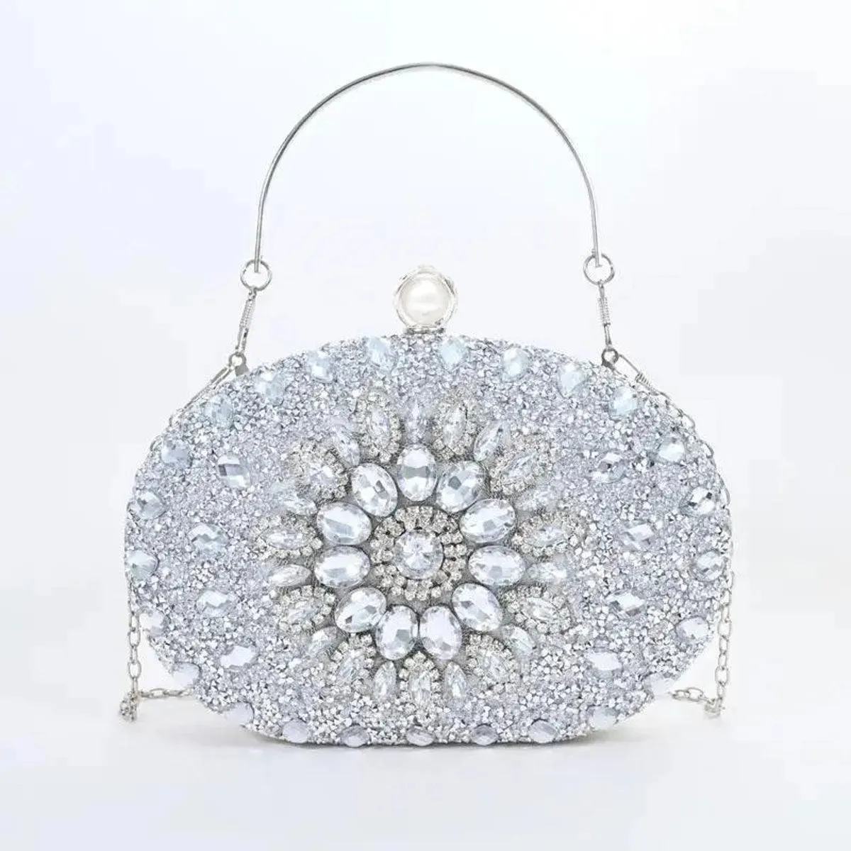 Get Glamorous with Silver Crystal Pearl Clutch for Women