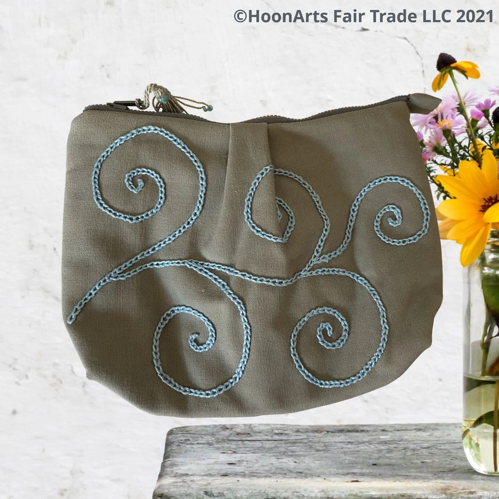 Hand Embroidered Blue Swirl Clutch