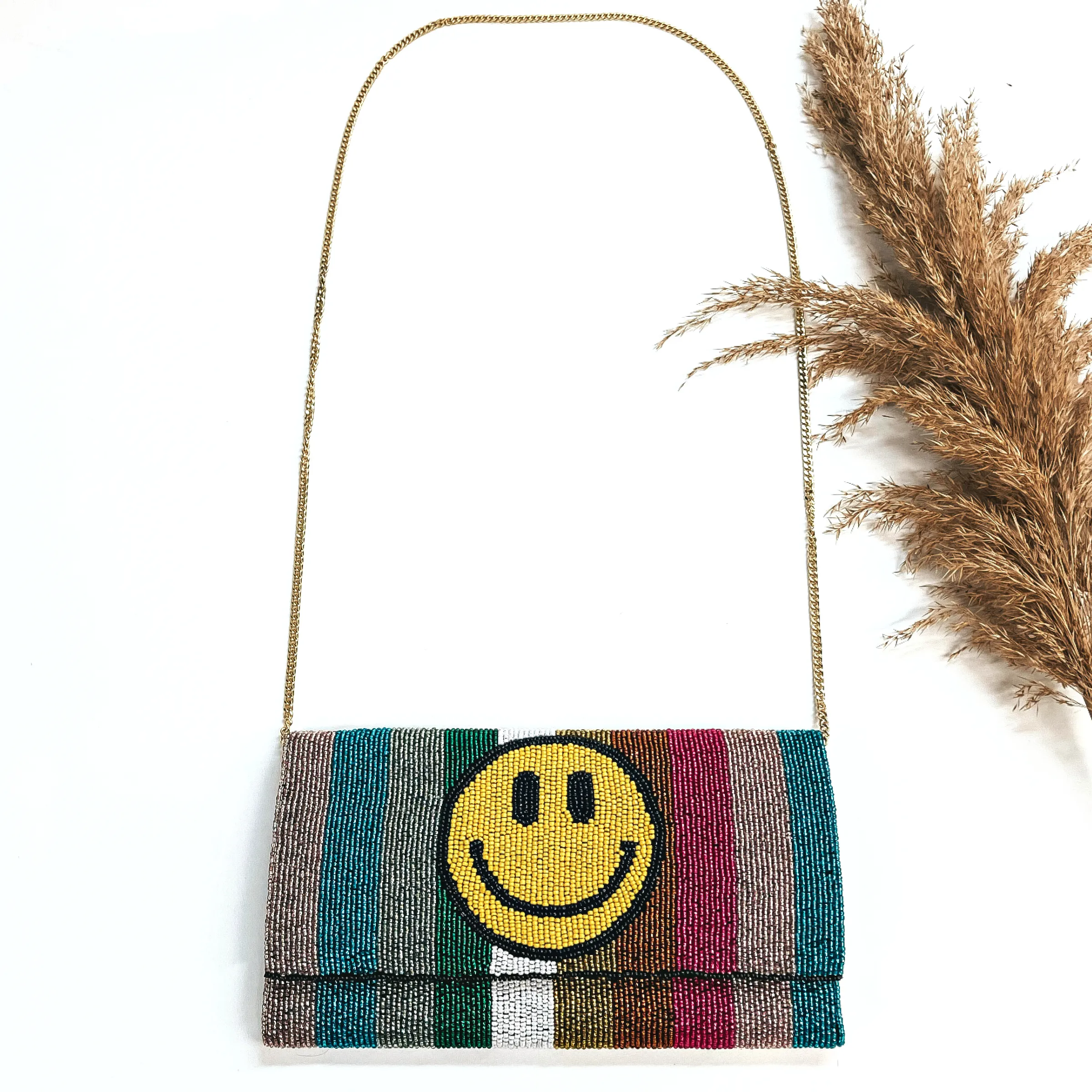 Happy Days Seedbeaded Clutch Bag in Multicolor with Yellow Happy Face and Gold Tone Chain