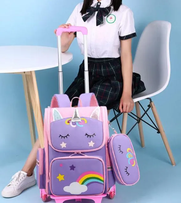 Kids Wheeled Trolley Backpacks Rainbow/Astronaut