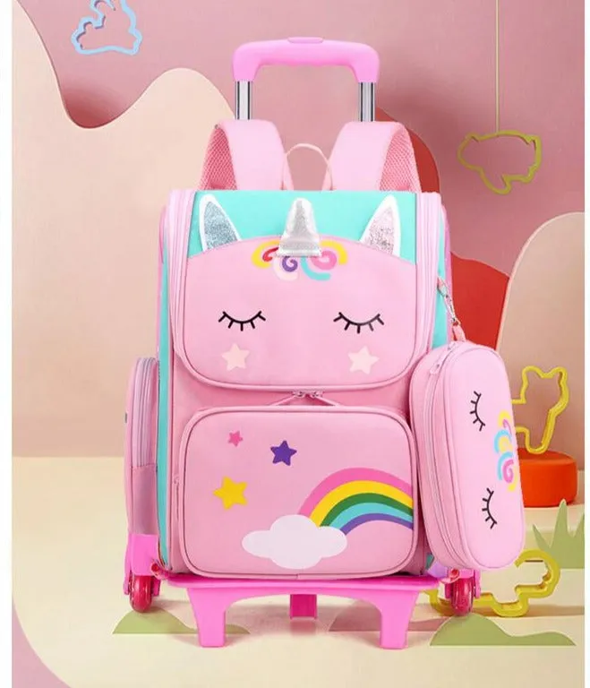 Kids Wheeled Trolley Backpacks Rainbow/Astronaut