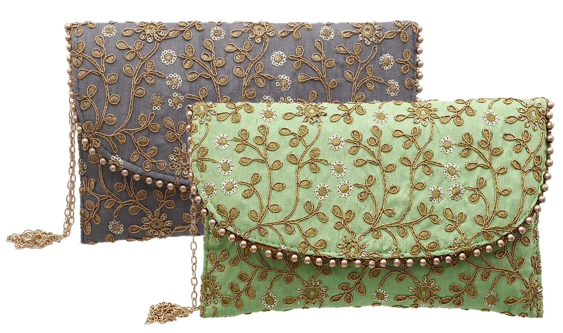 Kuber Industries Handcrafted Embroidered Clutch Bag Purse Handbag for Bridal, Casual, Party, Wedding (Green and Grey) - CTKTC034528-2 Pieces