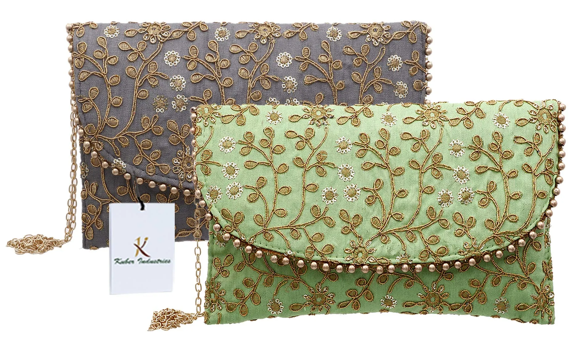 Kuber Industries Handcrafted Embroidered Clutch Bag Purse Handbag for Bridal, Casual, Party, Wedding (Green and Grey) - CTKTC034528-2 Pieces