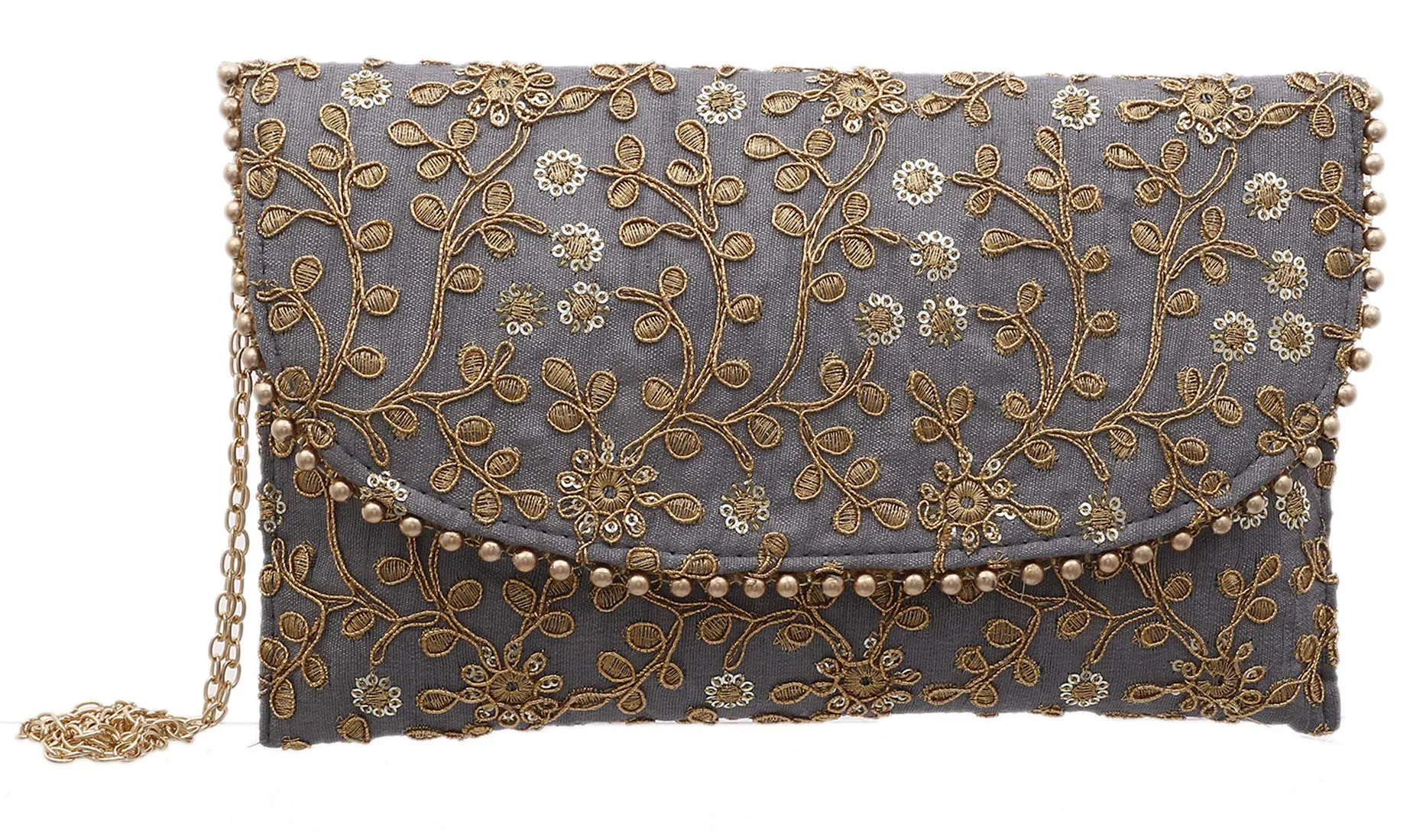 Kuber Industries Handcrafted Embroidered Clutch Bag Purse Handbag for Bridal, Casual, Party, Wedding (Green and Grey) - CTKTC034528-2 Pieces