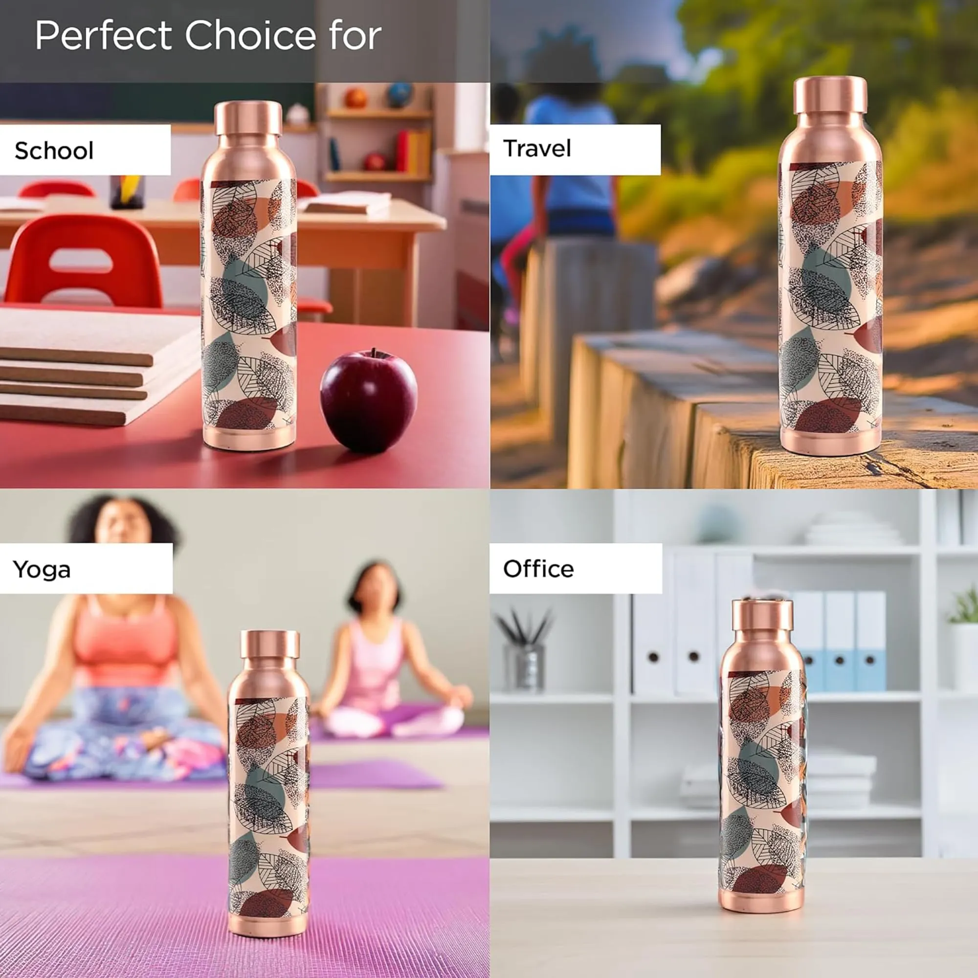 Kuber Industries Pack of 2 Copper Water Bottle - Leakproof & 950ml Non-Toxic Tamaba Bottle for Office/Gym/Yoga/College, Men & Women - Printed