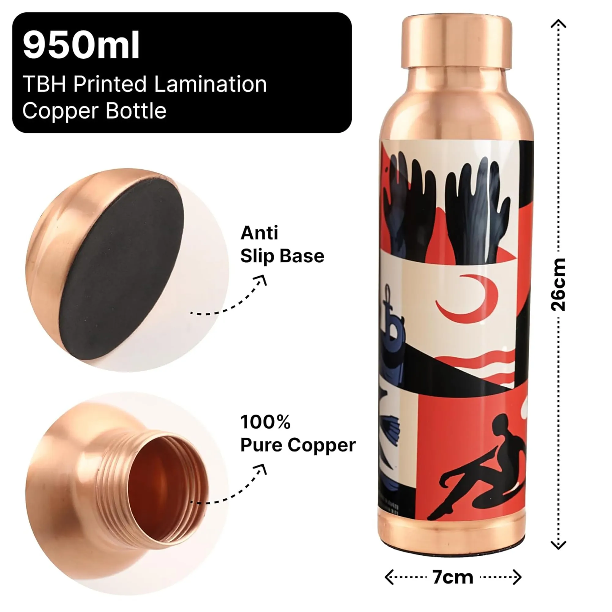 Kuber Industries Pack of 6 Copper Water Bottle - Leakproof & 950ml Non-Toxic Tamaba Bottle for Office/Gym/Yoga/College, Men & Women - Printed