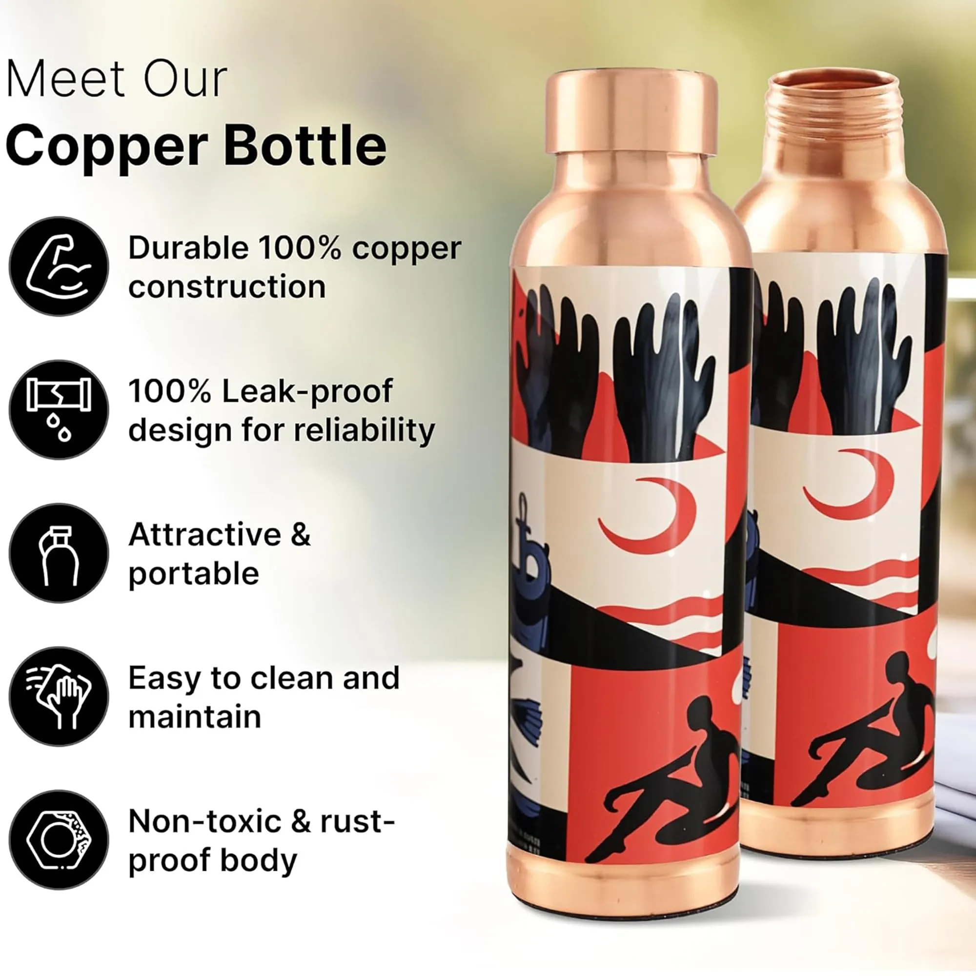 Kuber Industries Pack of 6 Copper Water Bottle - Leakproof & 950ml Non-Toxic Tamaba Bottle for Office/Gym/Yoga/College, Men & Women - Printed