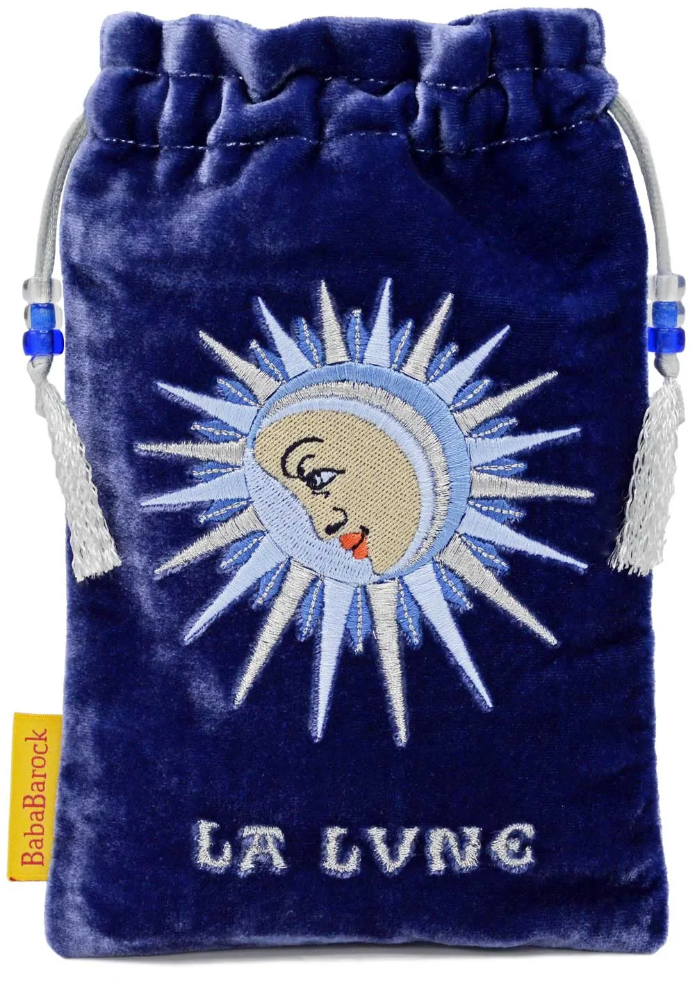 La Lune - embroidered drawstring bag with soft sapphire blue silk velvet