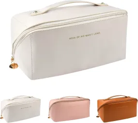 Large Capacity Travel Cosmetic Bag, PU Leather Toiletry Bags with Divider and Handle - White