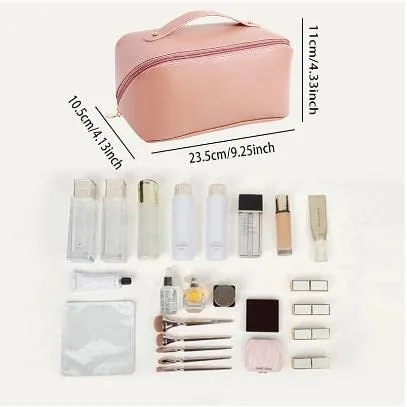 Large Capacity Travel Cosmetic Bag, PU Leather Toiletry Bags with Divider and Handle - White