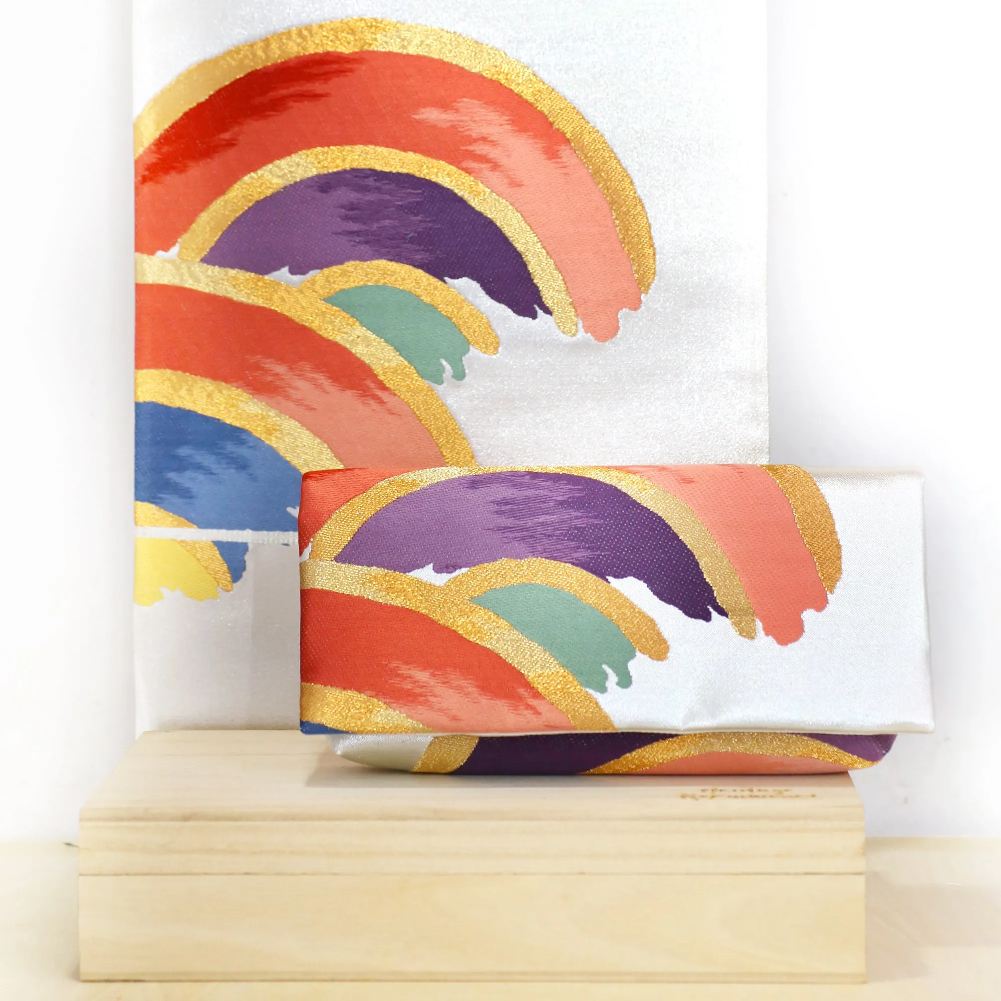 [Last one] Kimono Envelope Clutch Bag with Seigaiha Waves in Rainbow | Upcycled Kimono Obi Silk