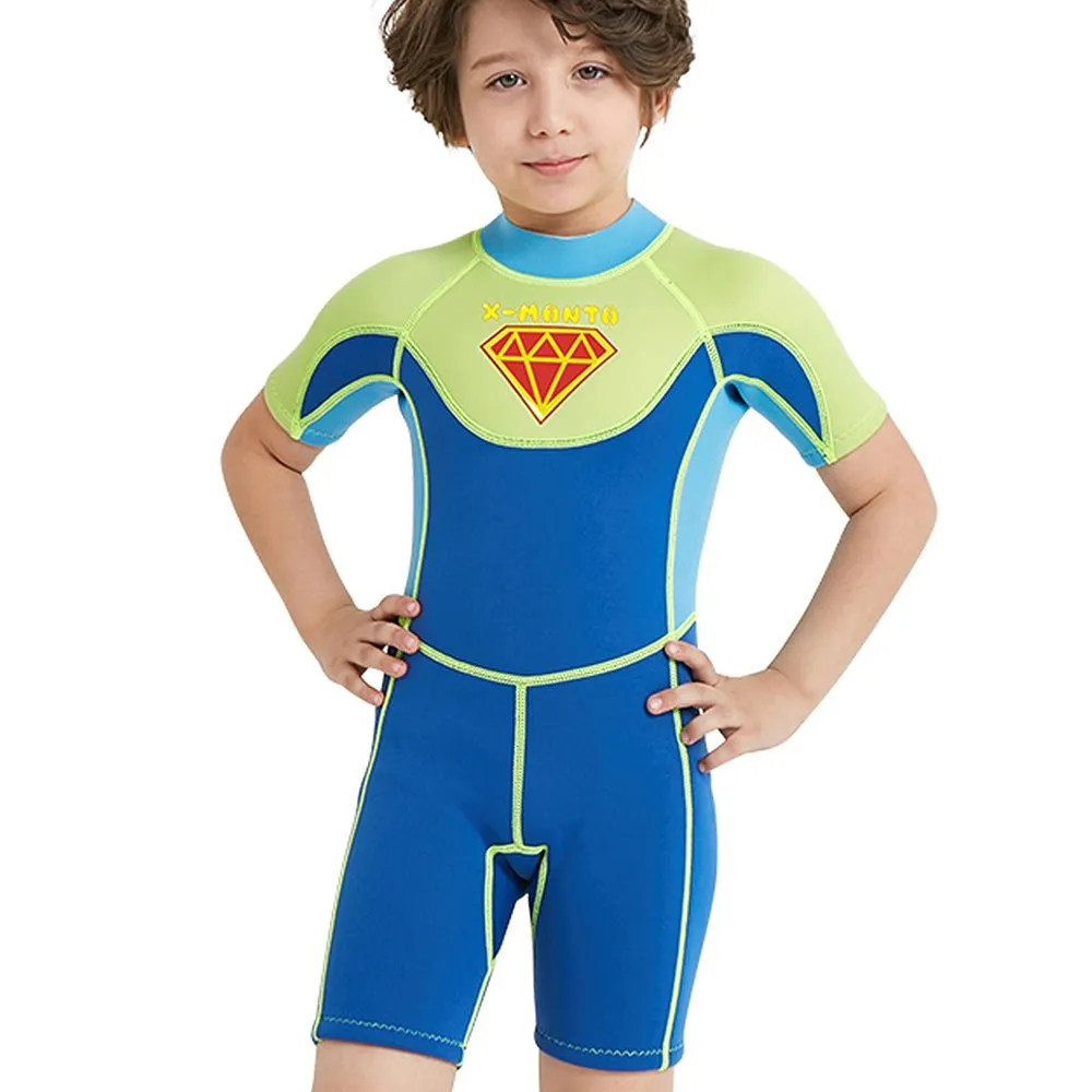 Little Surprise Box Superhero Green & Blue 2.5mm Neoprene Knee Length Kids Half Sleeves Swimwear