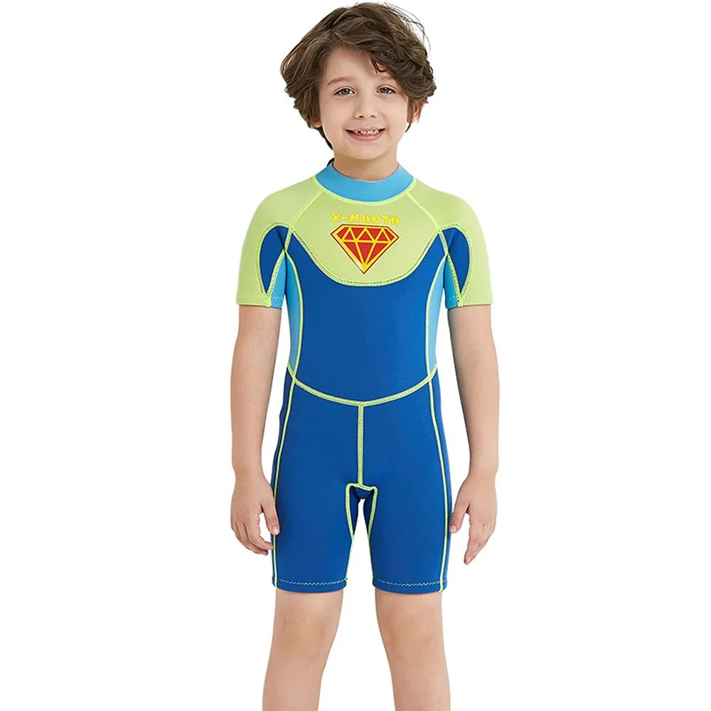 Little Surprise Box Superhero Green & Blue 2.5mm Neoprene Knee Length Kids Half Sleeves Swimwear