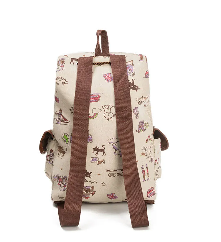 Lovely Cat Printed Canvas School Backpack For Teenager