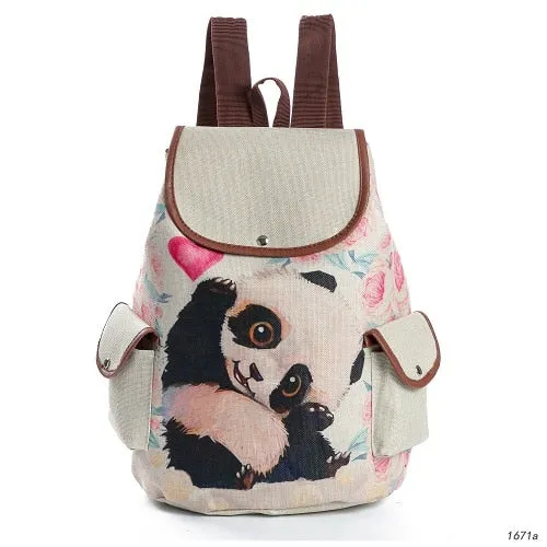 Lovely Cat Printed Canvas School Backpack For Teenager