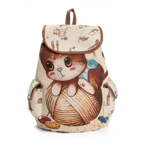 Lovely Cat Printed Canvas School Backpack For Teenager