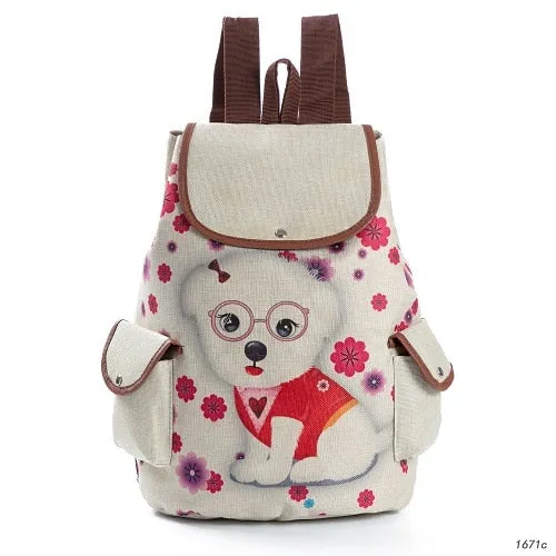 Lovely Cat Printed Canvas School Backpack For Teenager